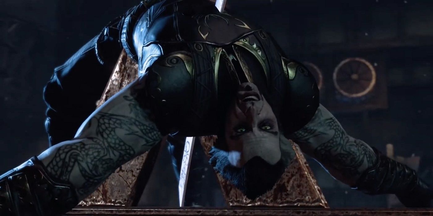Ra's Al Ghul gets impaled on an A in Batman Arkham City