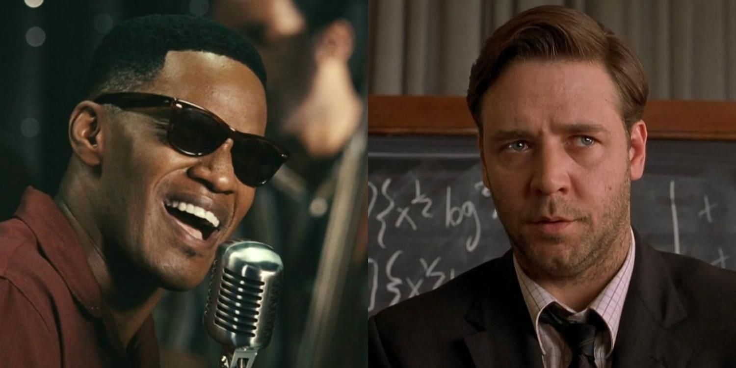 Ray singing onstage in Ray and John Nash in front of a blackboard in A Beautiful Mind