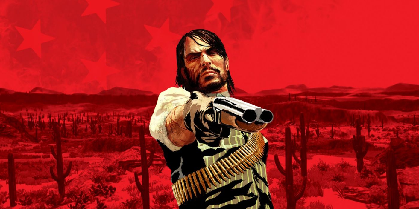 John Marston aiming his shotgun in gritty red promo art for RDR.