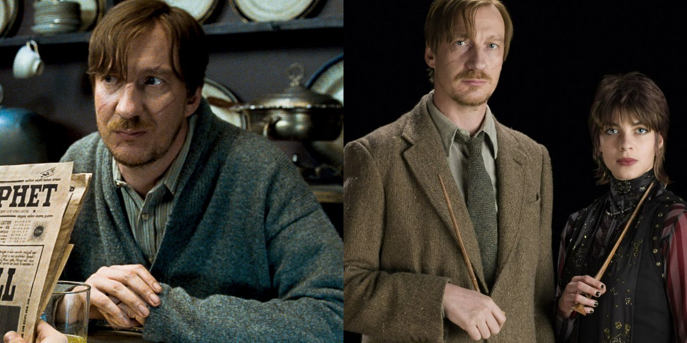 a split image showing Remus Lupin on the left and Lupin and Tonks on the right from Harry Potter
