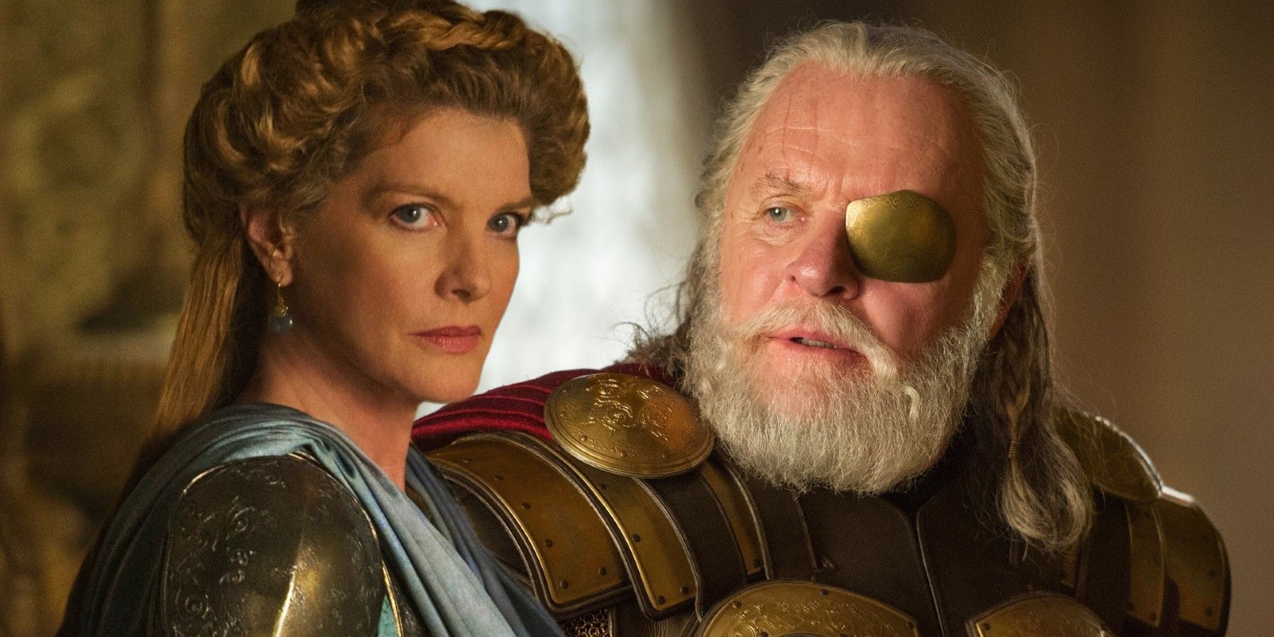 Renee Russo as Frigga and Anthony Hopkins as Odin in MCU