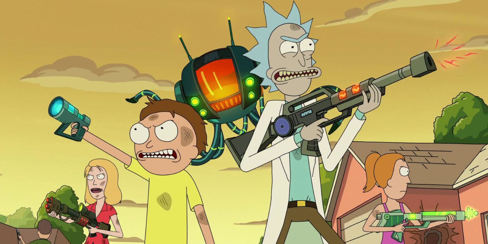 Rick, Morty, Summer and Beth in Rick and Morty season 5