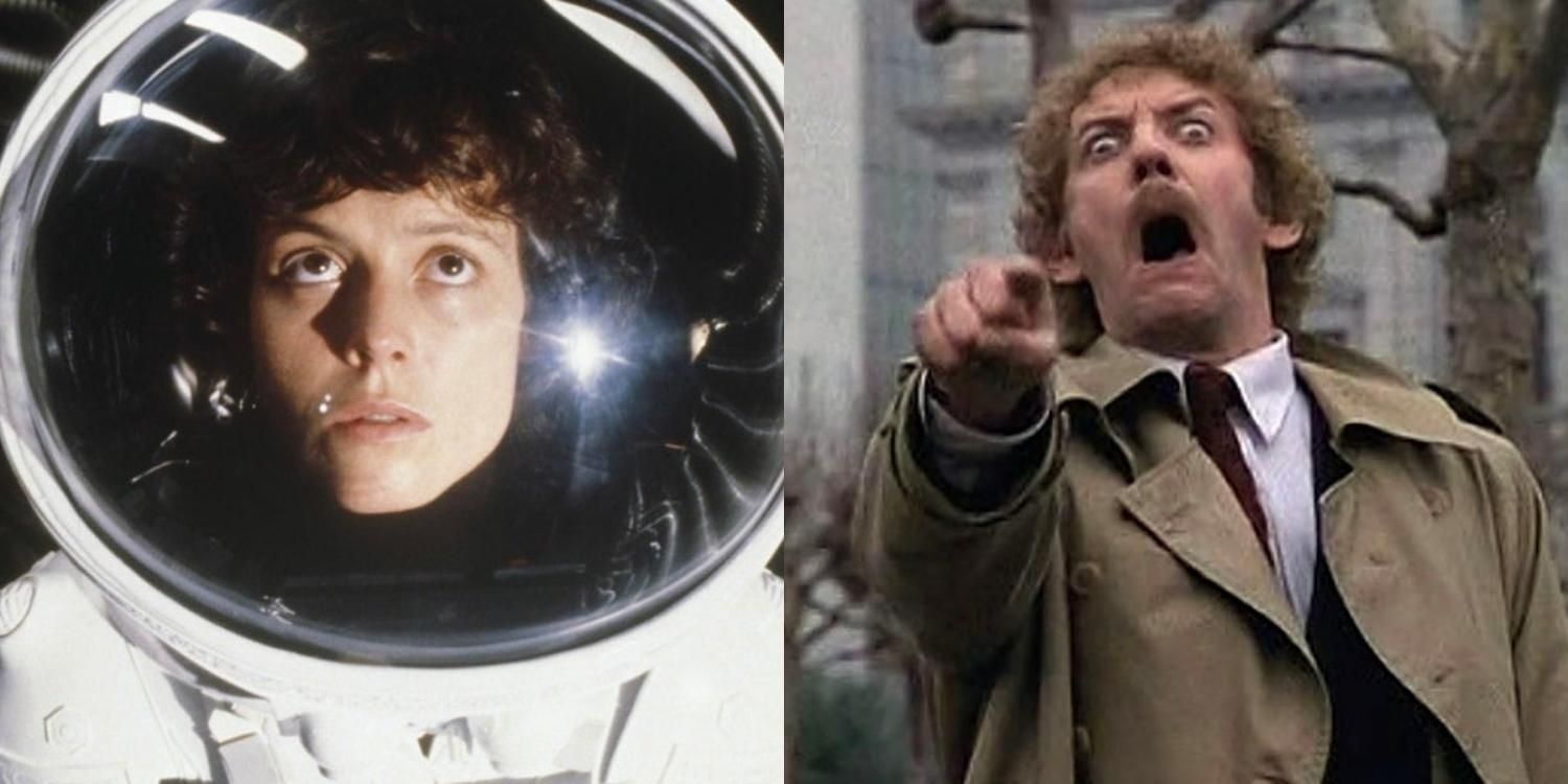 Ripley in a spacesuit in Alien and a man screaming in Invasion of the Body Snatchers