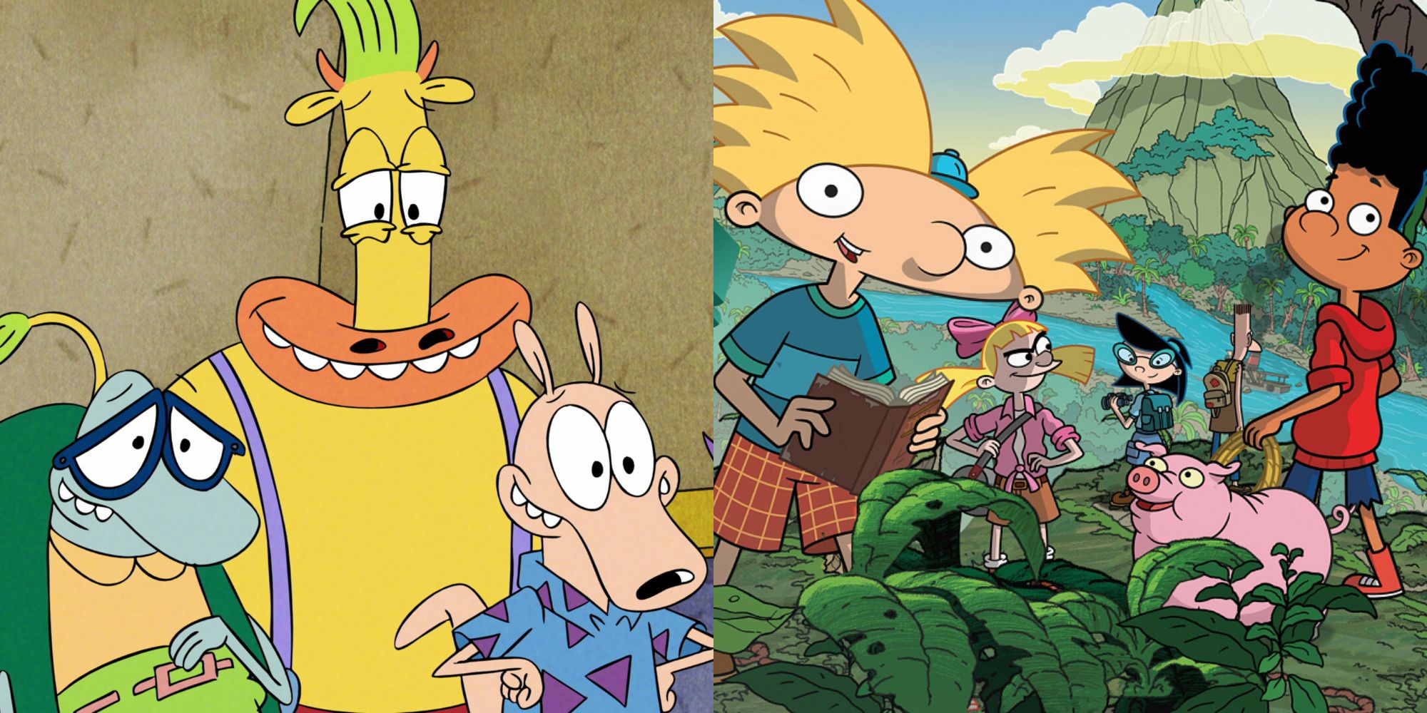Split image showing characters from Rocko's Modern Life Static Cling and Hey Arnold! The Jungle Movie.
