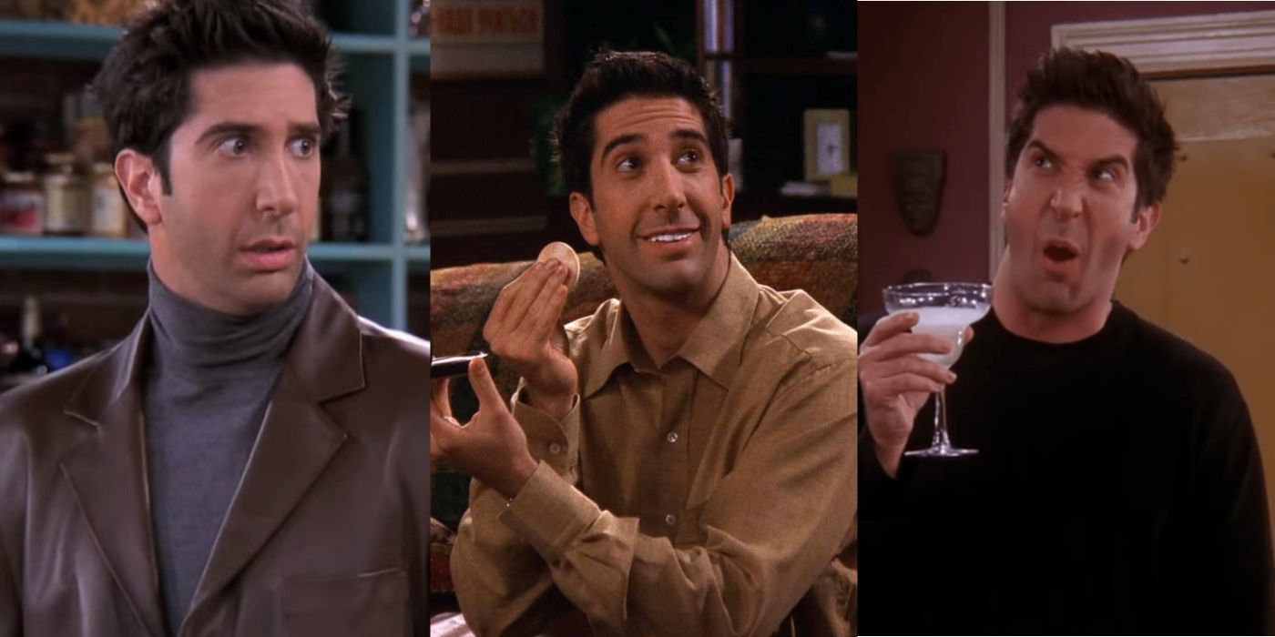 Three vertical images of Ross from Friends looking goofy