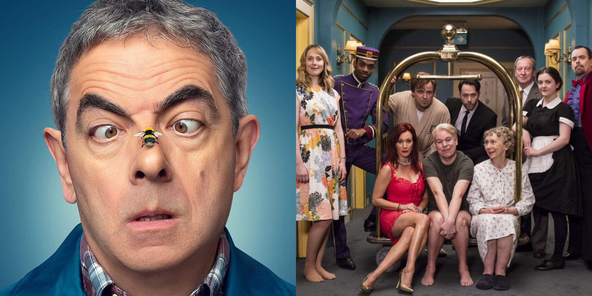 Split image showing Rowan Atkinson in Man Vs. Bee and the cast of Inside No. 9.