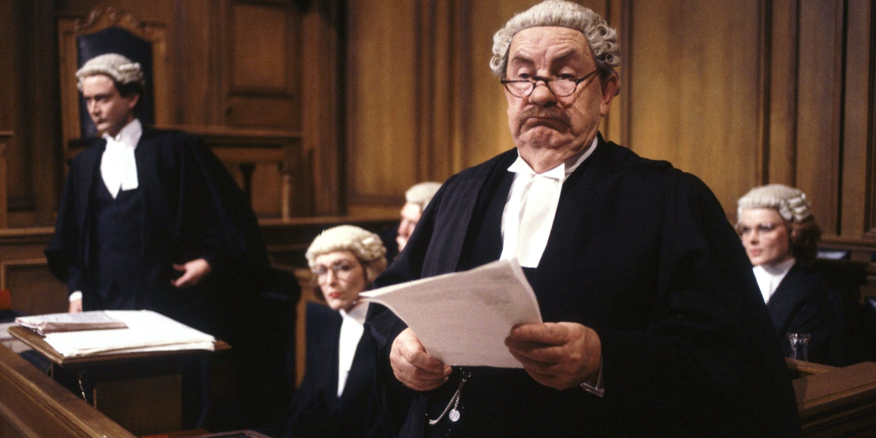 Barrister Rumpole inside the courtroom in Rumpole Of The Bailey