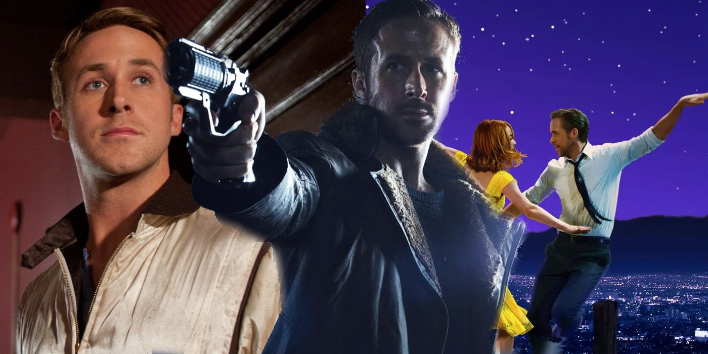Ryan Gosling in Drive, Blade Runner 2049, and La La Land