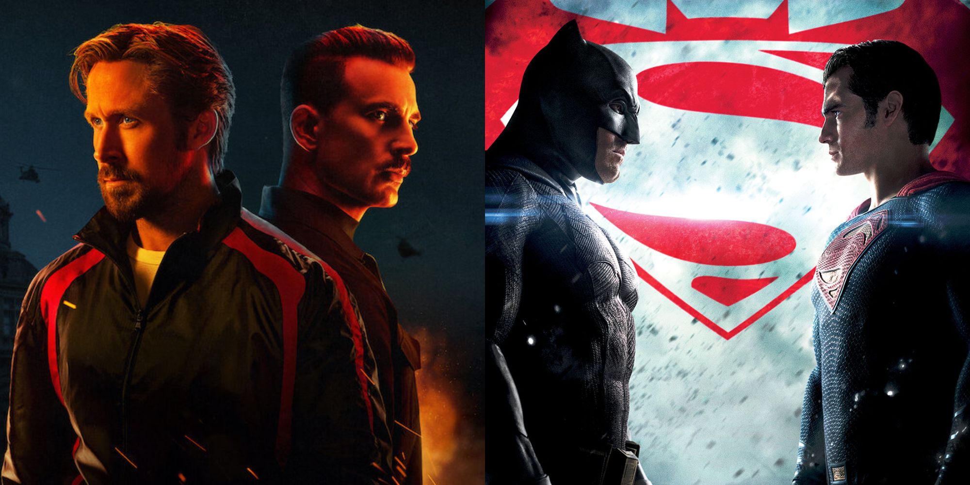Split image showing the main characters from The Gray Man and Batman v. Superman.