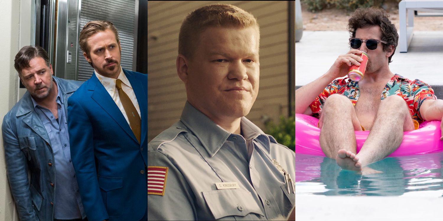 Ryan Gosling and Russel Crowe in The Nice Guys, Jesse Plemons in Game Night and Andy Samberg in Palm Springs Split Image