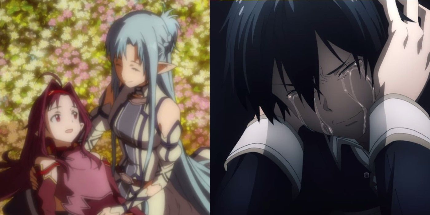 Split image of Asuna and Yuuki and Kirito from Sword Art Online