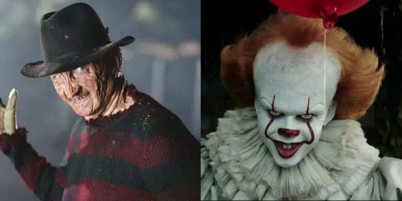 Split image of Freddy Krueger from A Nightmare On Elm Street and Pennywise from It