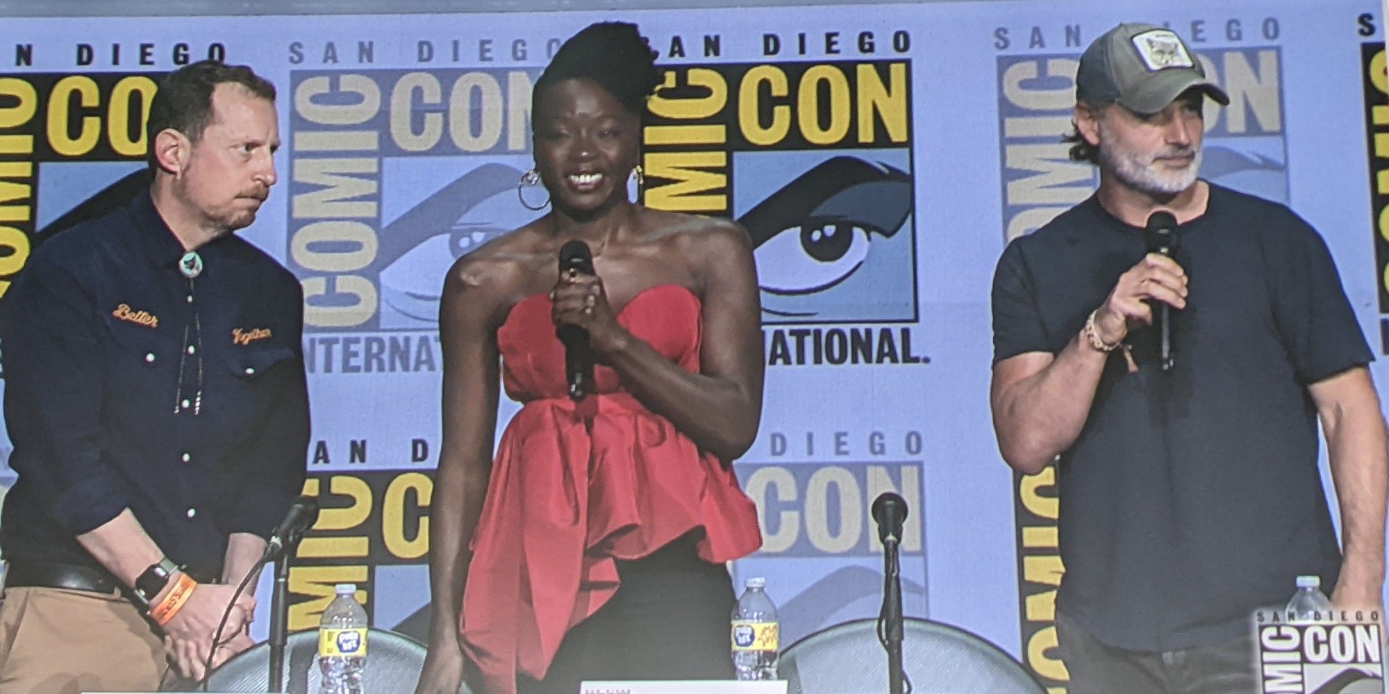 Scott Gimple on stage with Danai Gurira and Andrew Lincoln for Walking Dead panel