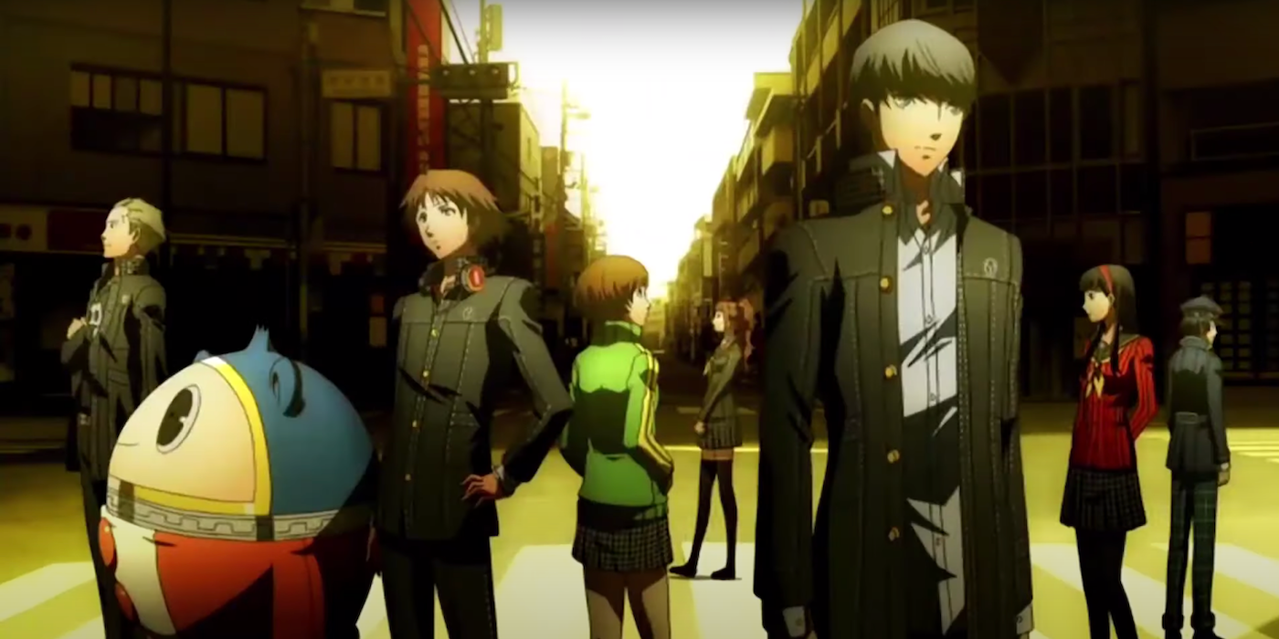 A screenshot from the first opening to Persona 4: The Animation that features all the main protagonists