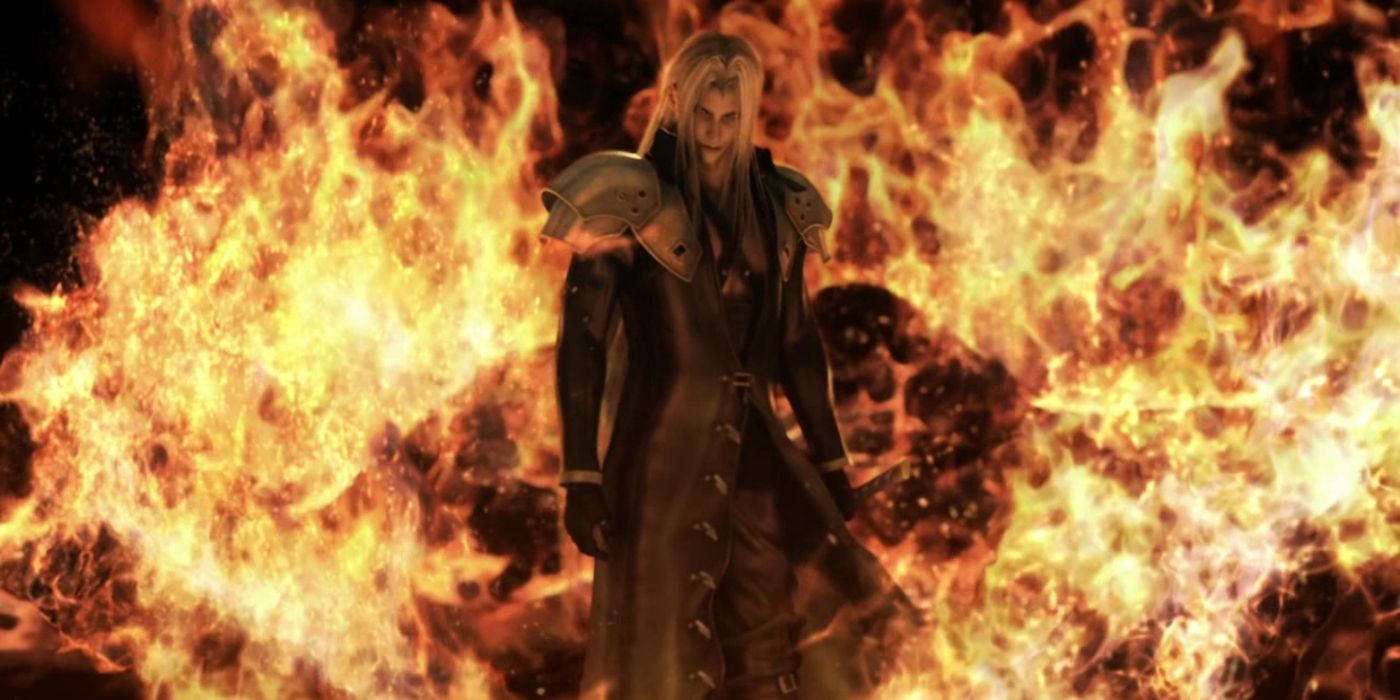 Sephiroth standing in front of the fires alluding to the Nibelheim Incident.