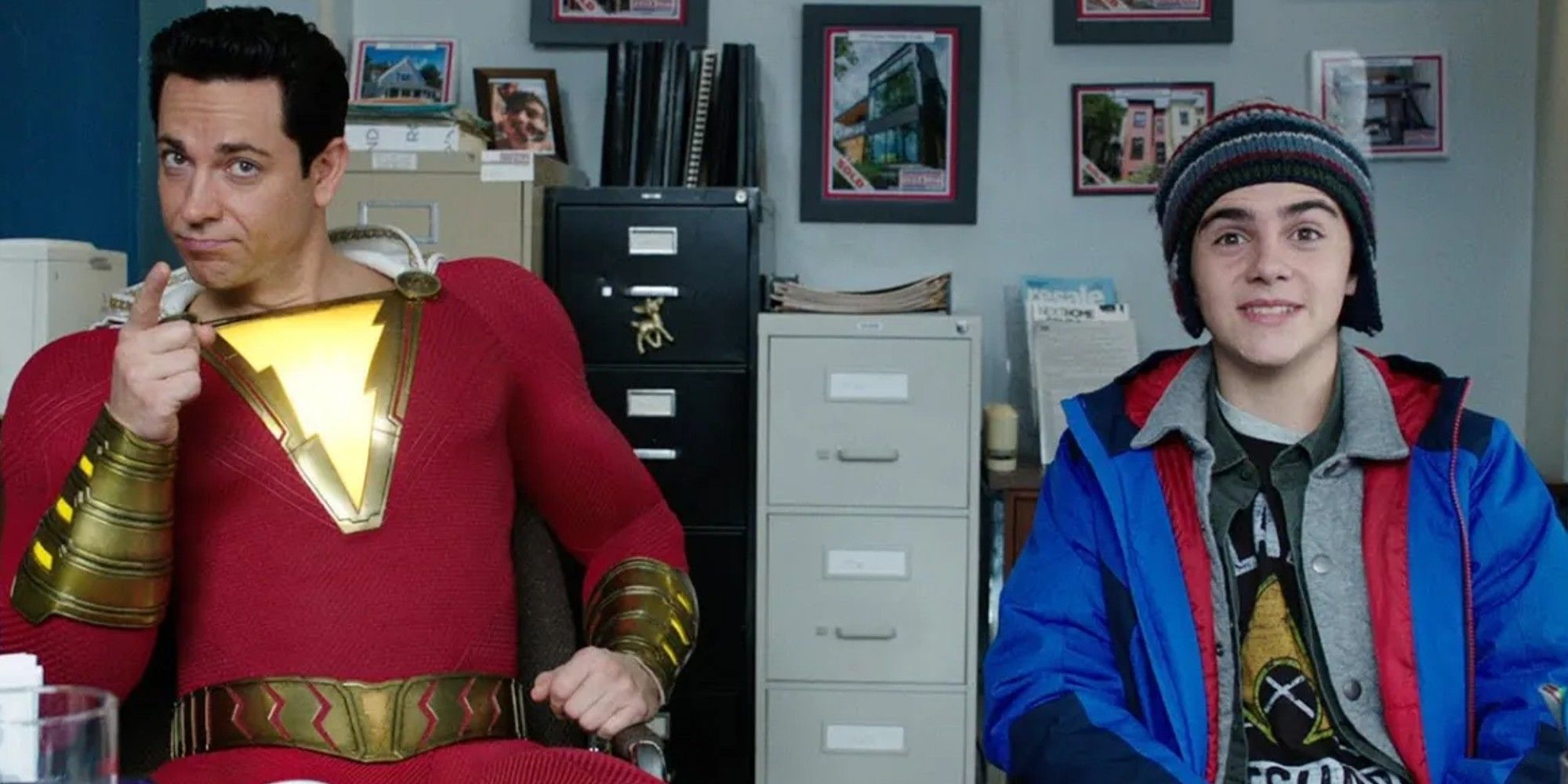 Shazam Zachary Levi and Jack Dylan Grazer as Shazam and Freddy Freeman Freddy Loan Application Scene