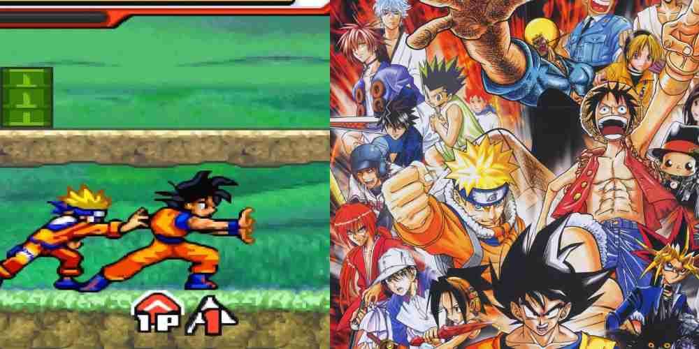 Gameplay of Naruto and Goku next to official art of Jump Super Stars.
