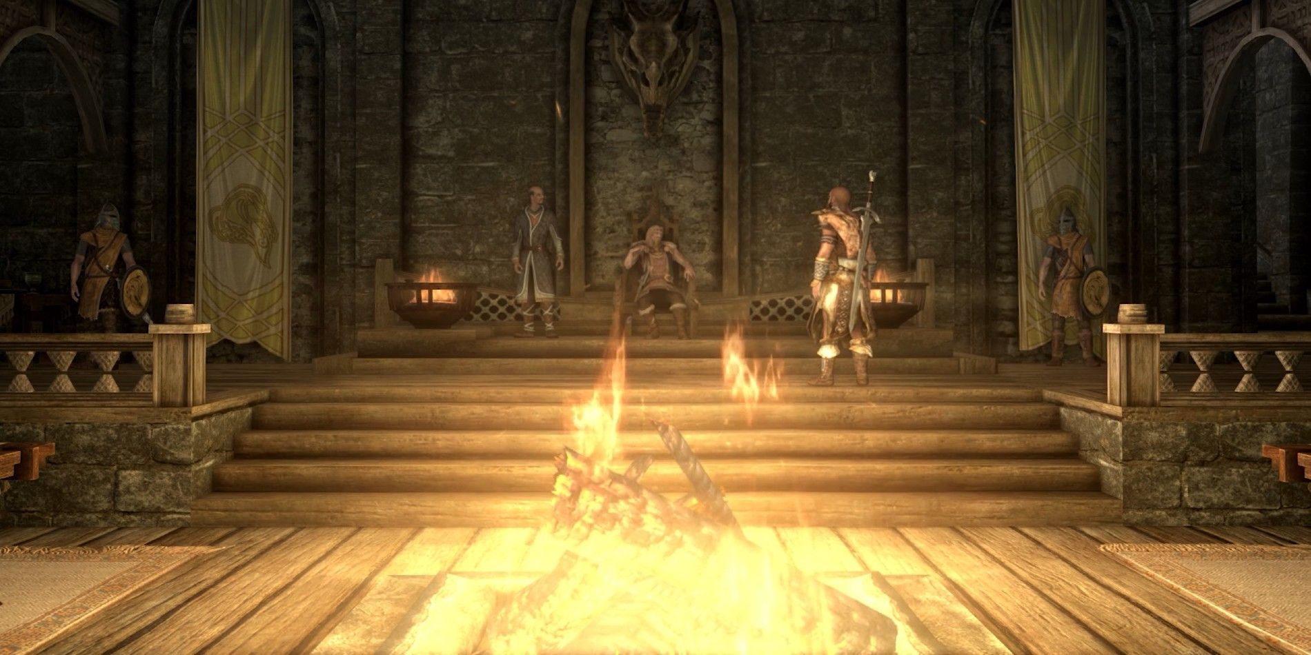 A roaring fire in Whiterun&rsquo;s occupied throne room in Skyrim