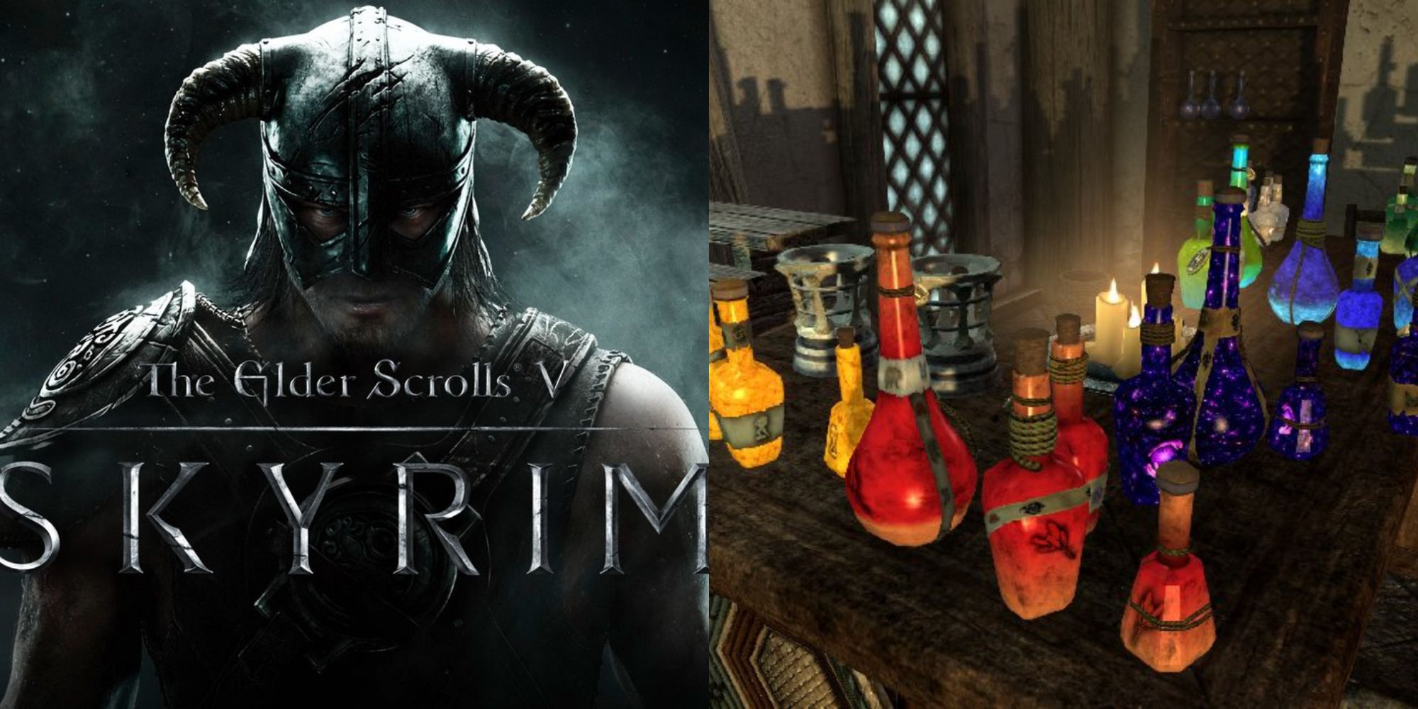Split image showing the Skyrim cover and multiple potions.