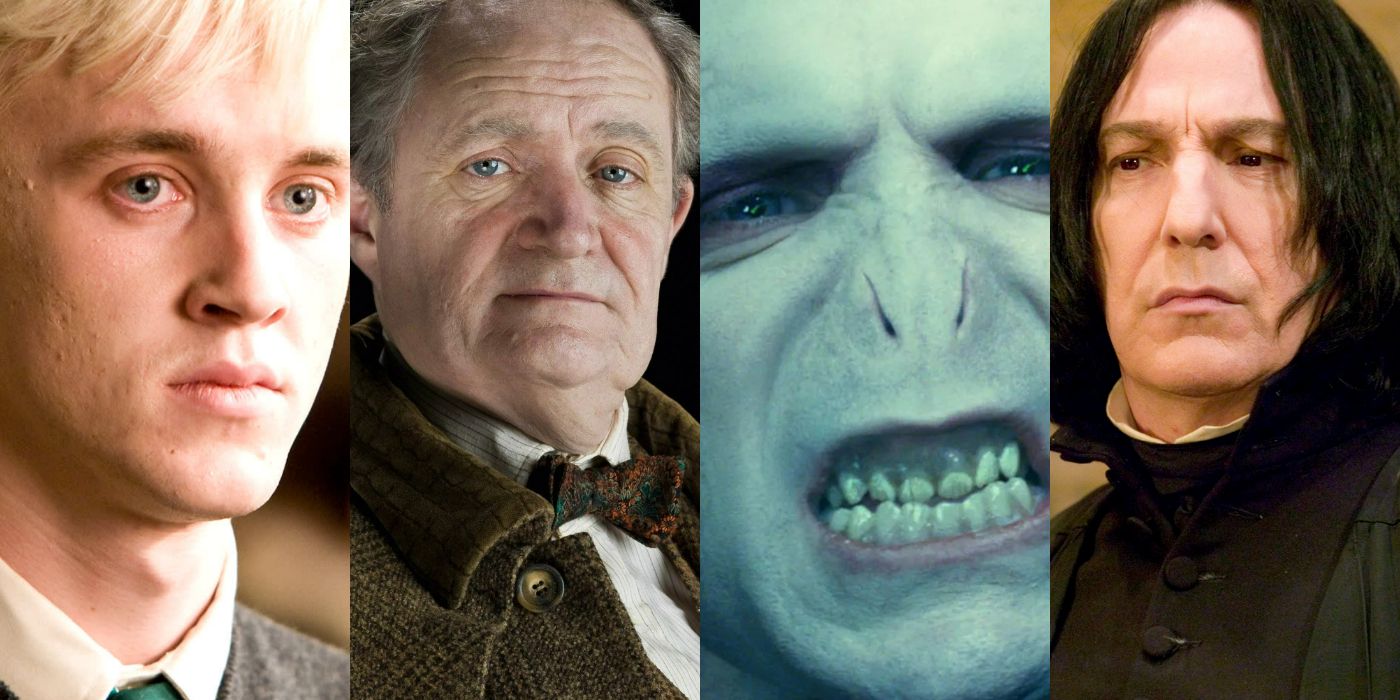 A quad spit image showing (from left to right) Draco. Slughorn, Voldemort, and Snape from Harry Potter
