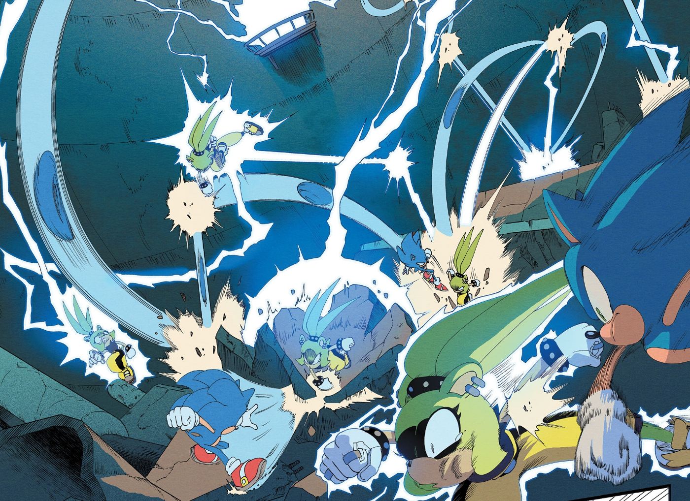 Sonic battles against Surge the Tenrec in Sonic the Hedgehog #50.