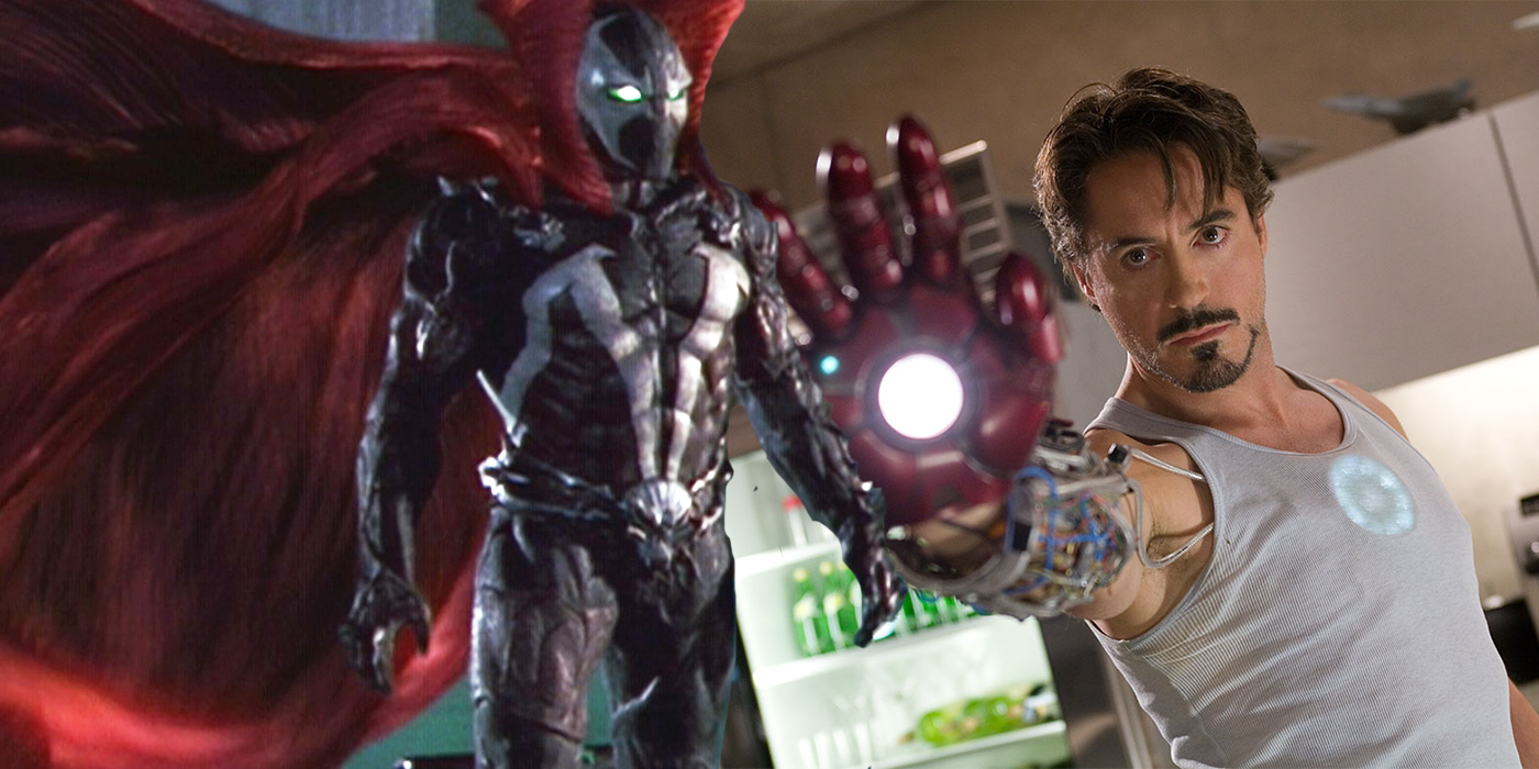 A collage of Spawn and Robert Downey Jr. as Iron Man