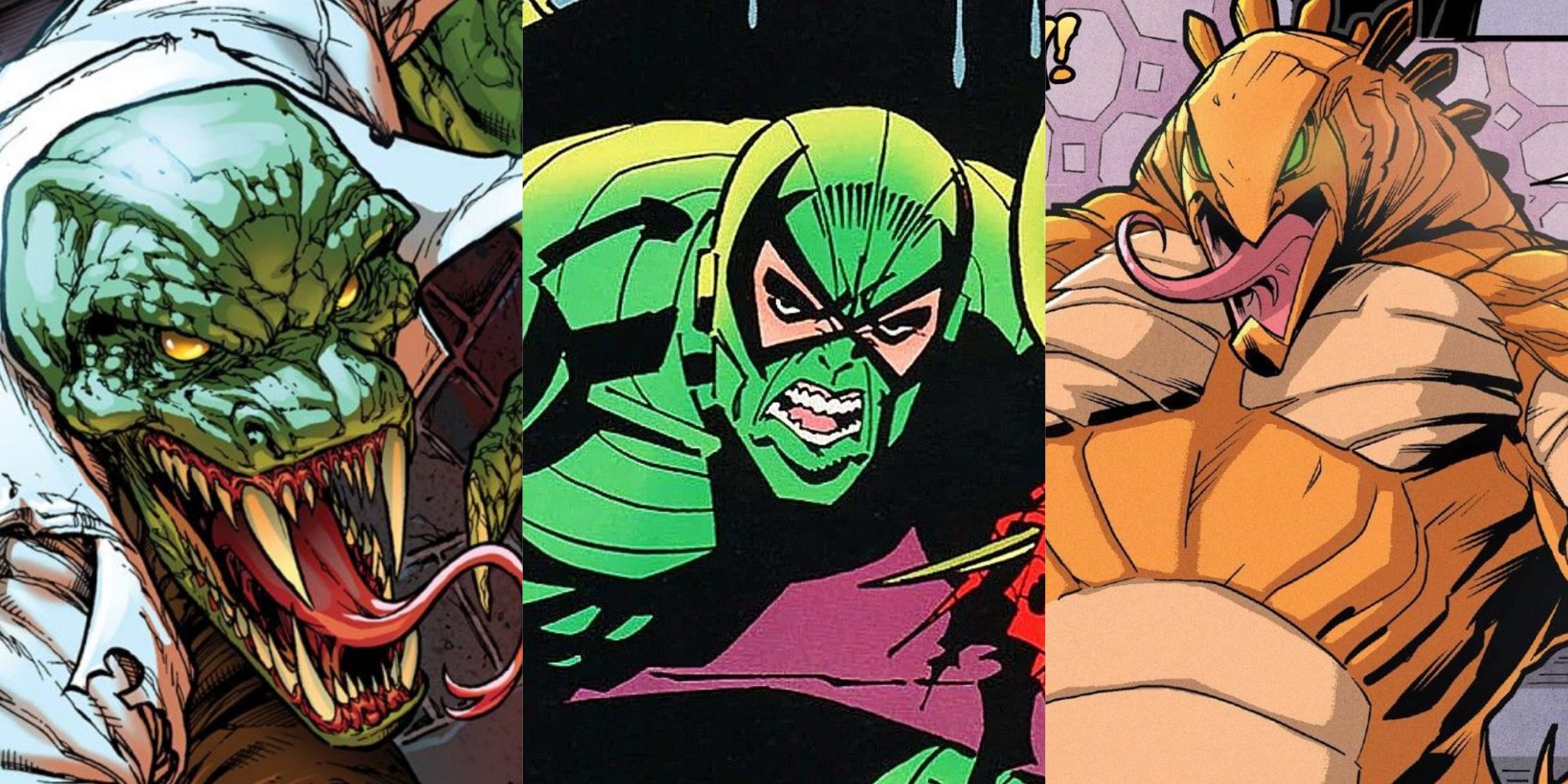 A split image of Lizard, Scorpion, and Stegron from Marvel Comics.