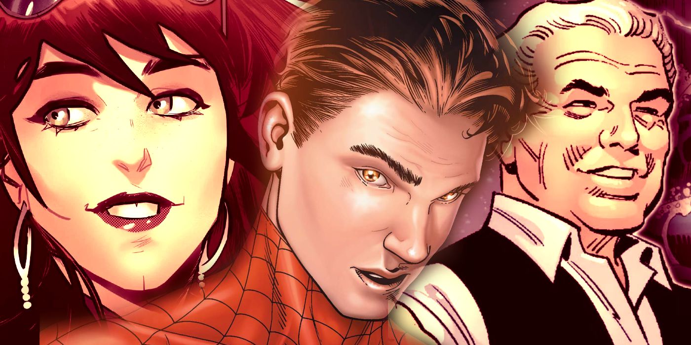Comic book versions of Mary Jane, Peter Parker, and Uncle Ben
