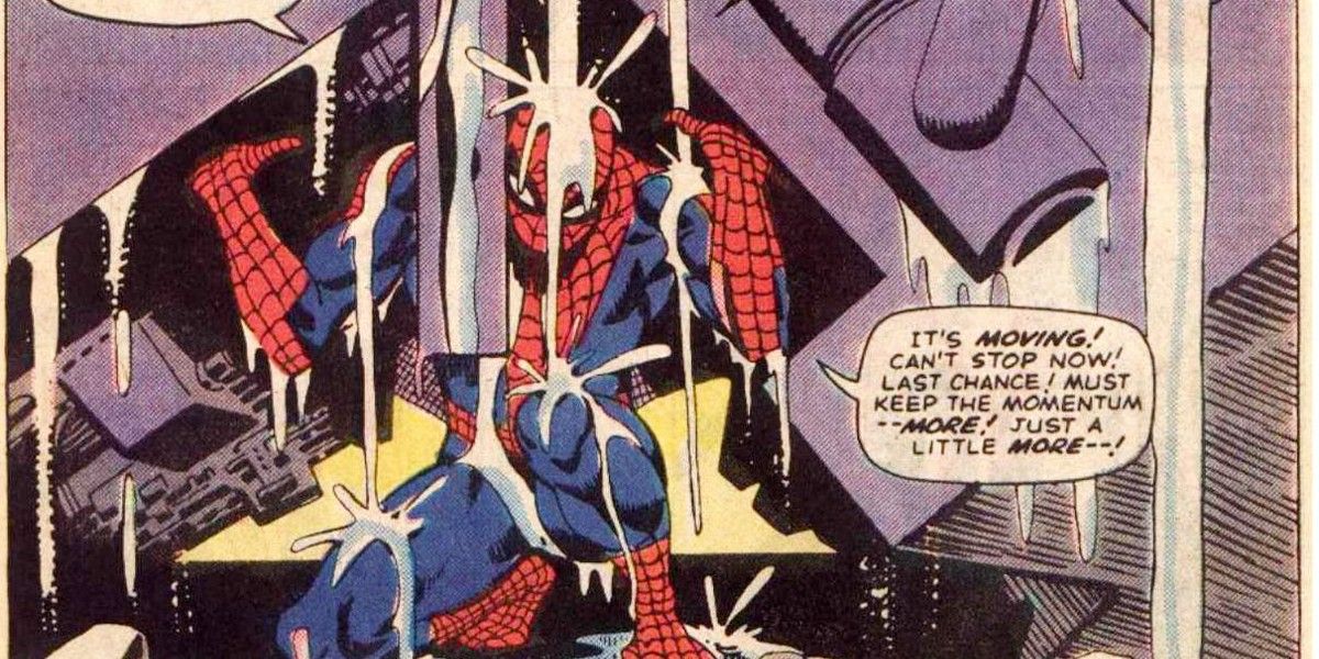 Spider Man lifting rubble in Marvel Comics