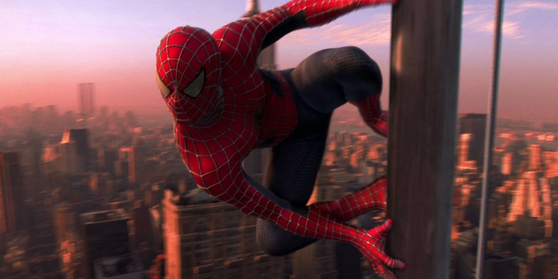 Spider Man on a flagpole in the original 2002 movie