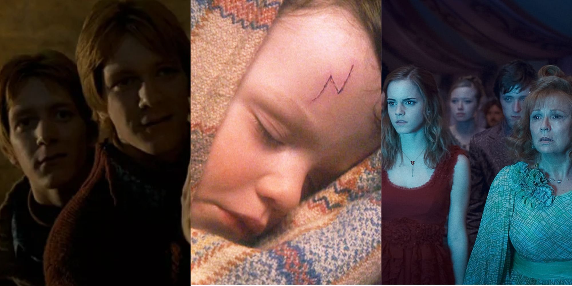 Split Image of Fred and George Weasley, Baby Harry Potter, and Hermione and Molly