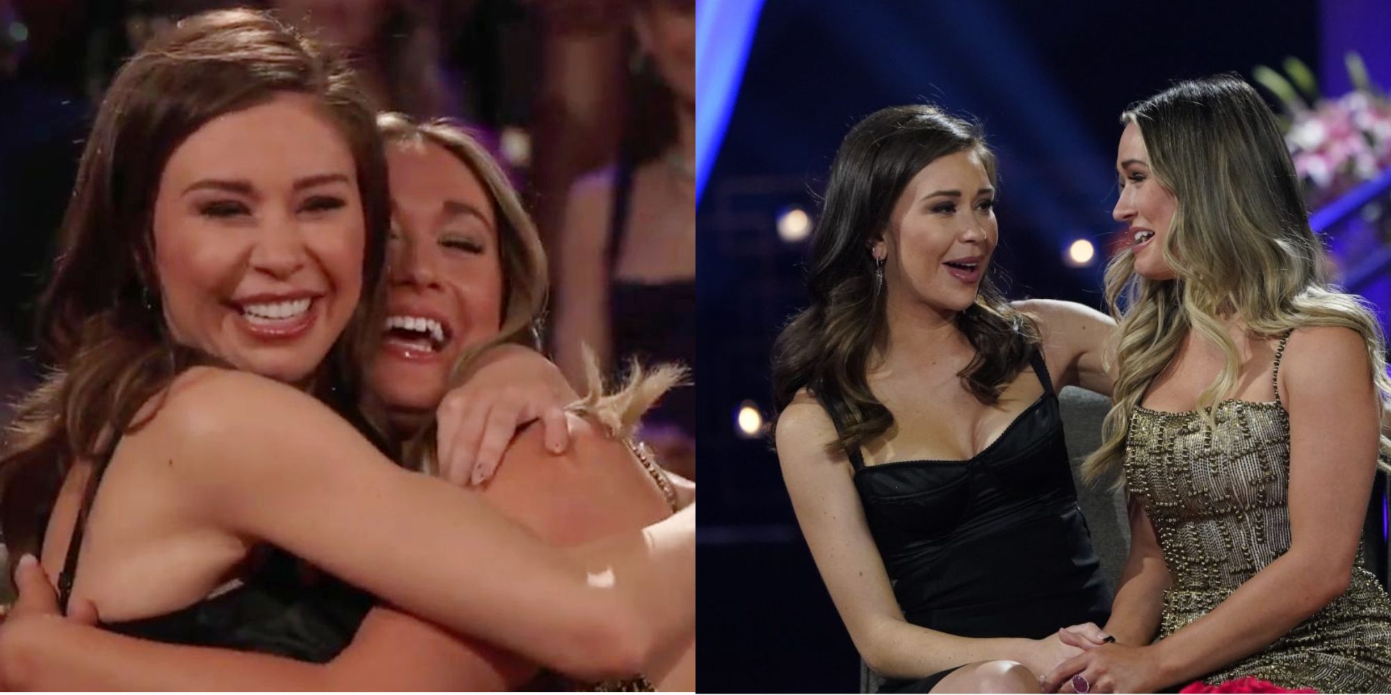 Split Image of Gabby and Rachel hugging and sitting on the couch in The Bachelor finale