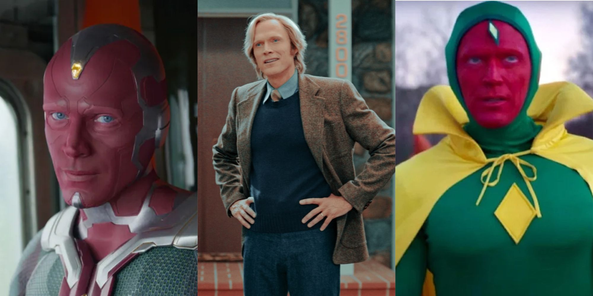 Split Image of Vision in Age of Ultron, Vision as a Human in WandaVision, and Vision in costume in WandaVision