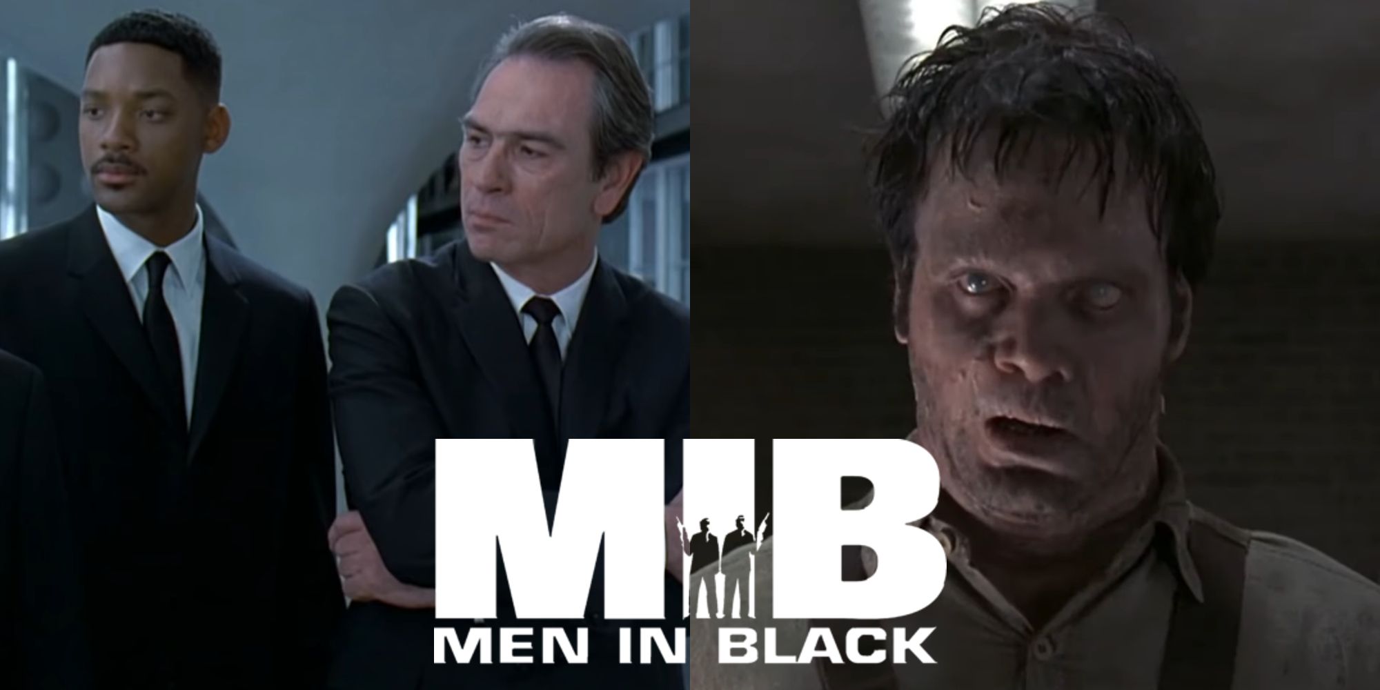 Split image of Agent J and Agent K in MIB headquarters and Edgar The Bug in Men In Black
