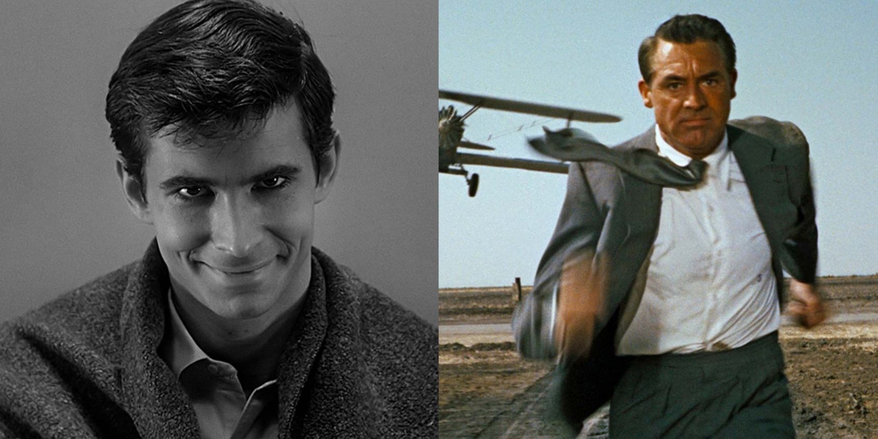 Split image of Anthony Perkins in Psycho and Cary Grant in North by Northwest
