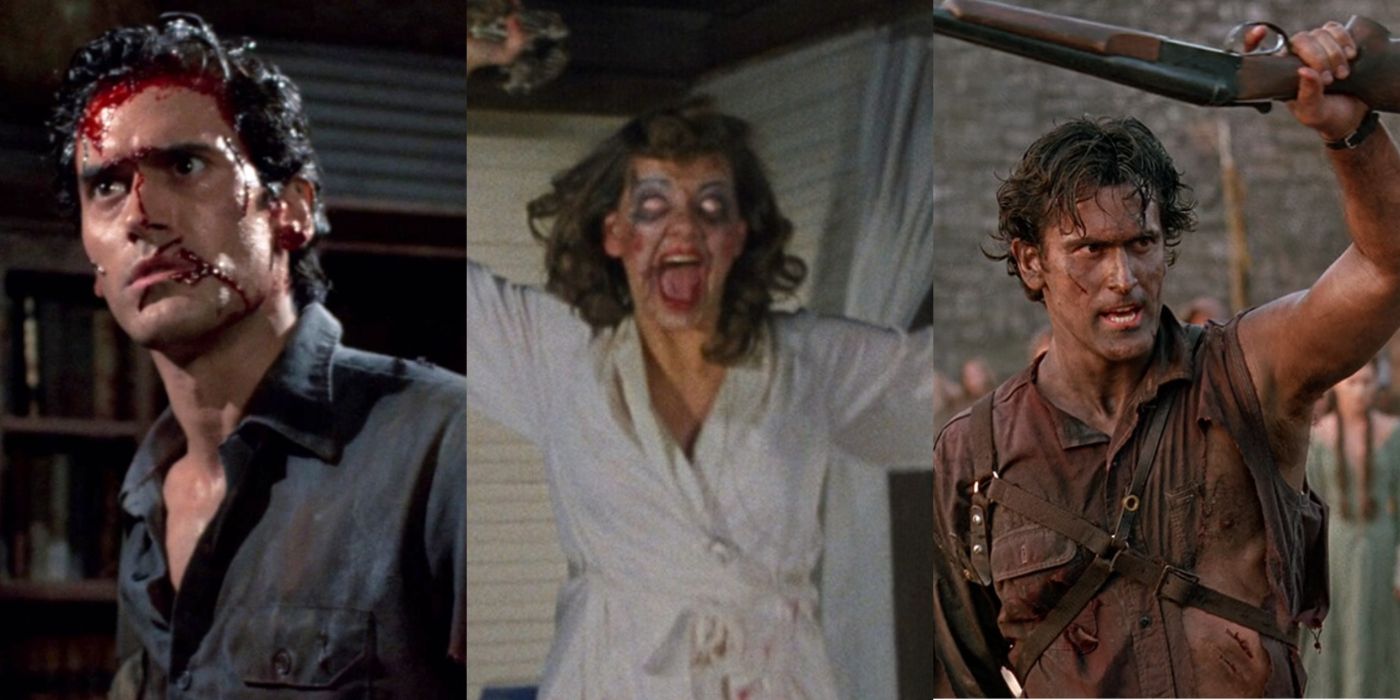 Split image of Ash in Evil Dead 2, Linda in The Evil Dead, and Ash in Army of Darkness