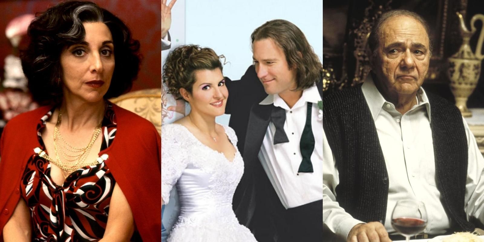 Split image of Aunt Voula, Toula and Ian, and Gus Portokalos in My Big Fat Greek Wedding
