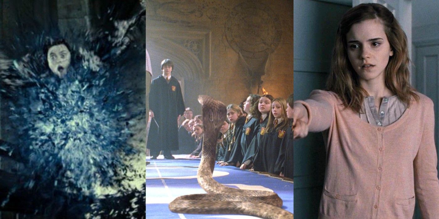 Split image of Bellatrix, Snake and Hermione in Harry Potter feature