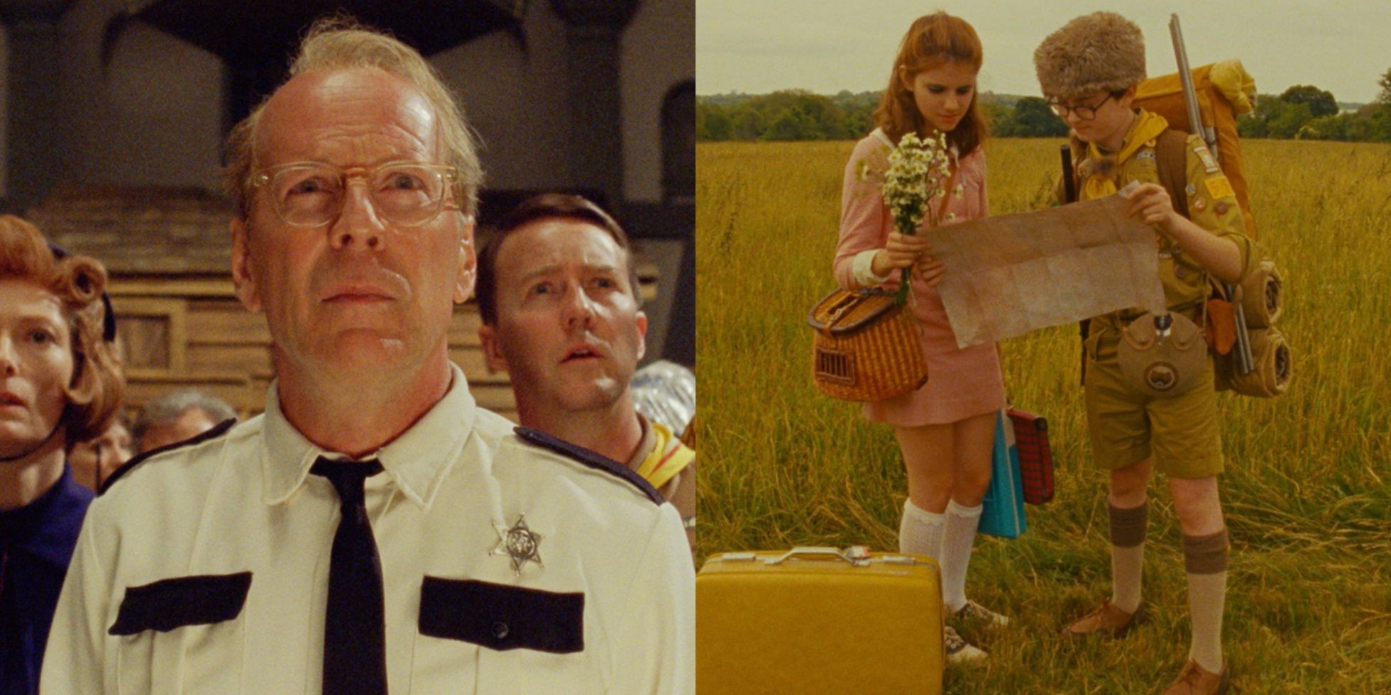 Split image of Captain Sharp in the church and Sam and Suzy in a field in Moonrise Kingdom