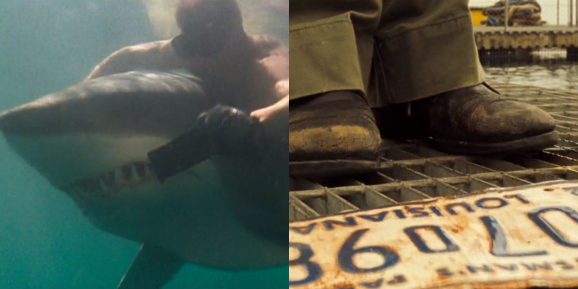 Split image of Carter pulling the license plate from the tiger shark's mouth and Susan standing over the license plate in Deep Blue Sea