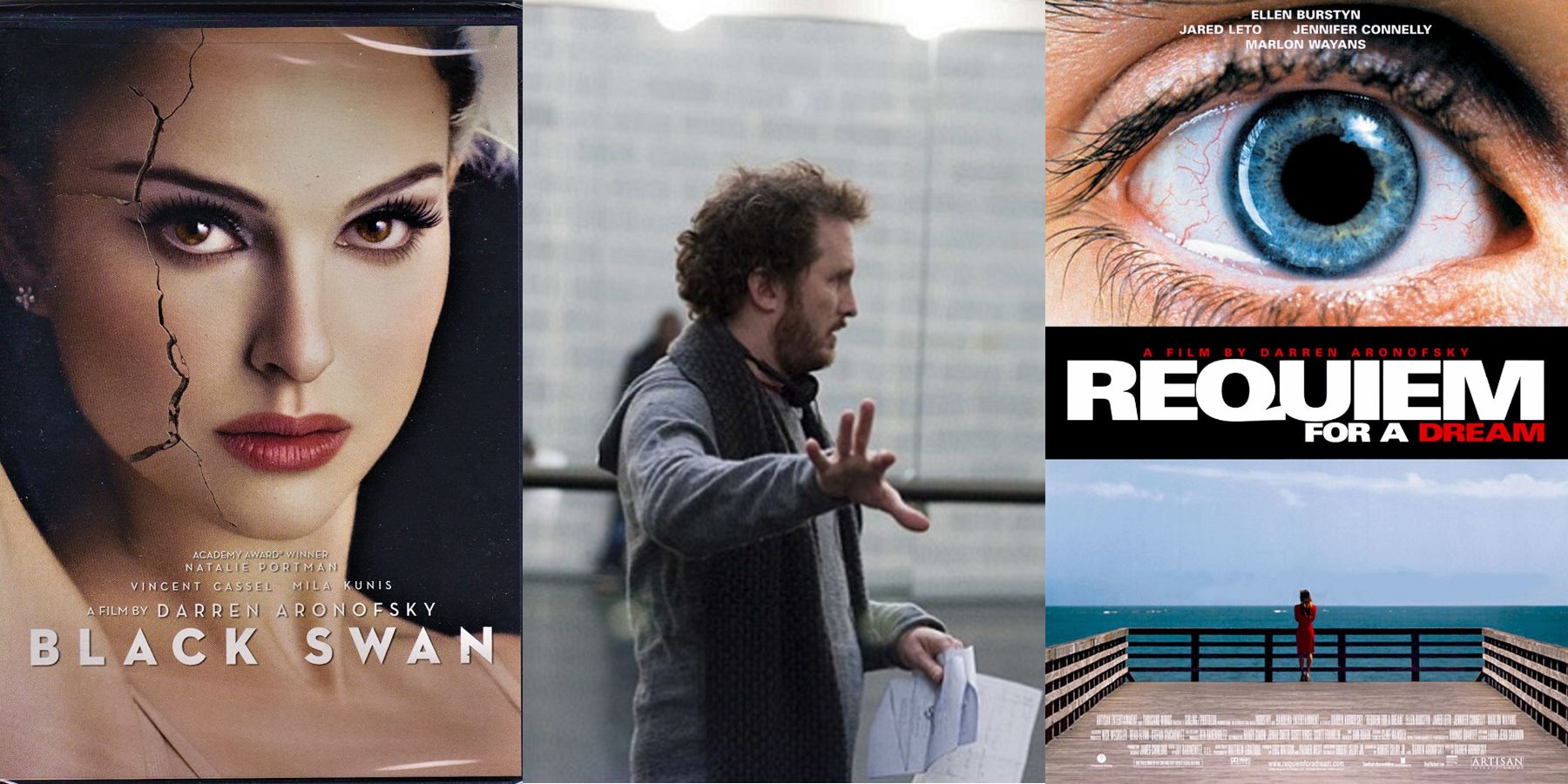 Split image of Darren Aronofsky and the posters for Black Swan and Requiem for a Dream