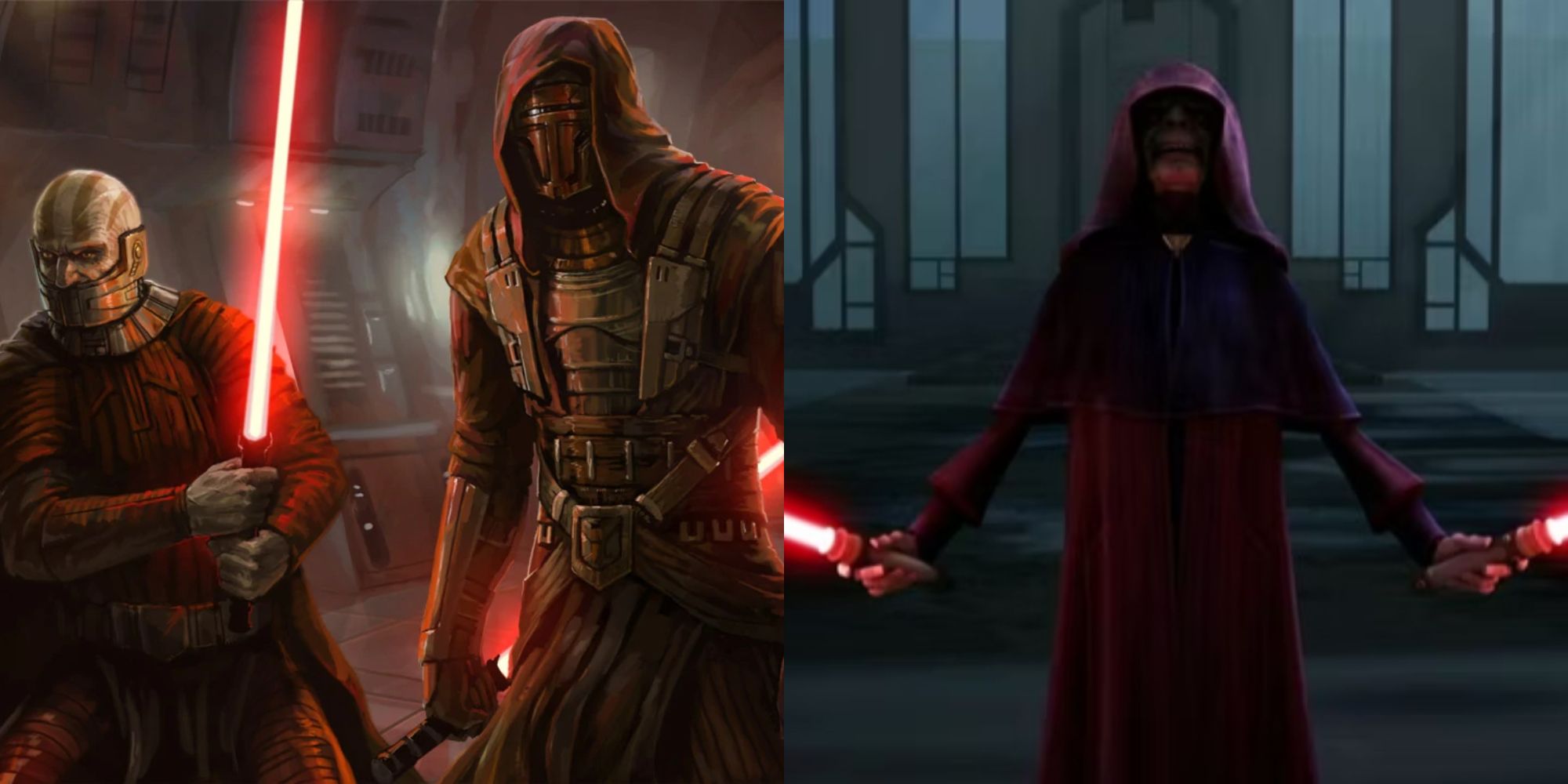 Split image of Darth Malak, Revan, and Darth Sidious in Star Wars