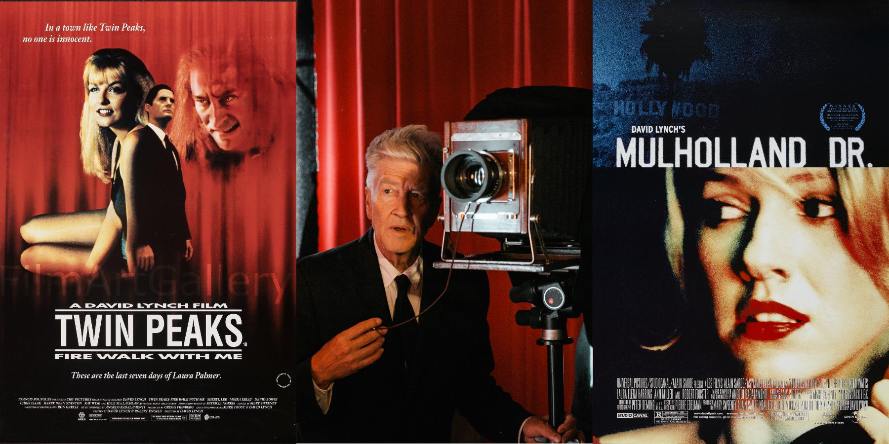 Split image of David Lynch and posters for Twin Peaks Fire Walk With Me and Muholland Drive