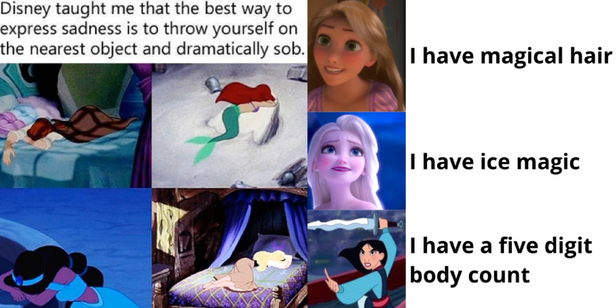 Split image of Disney princess character memes
