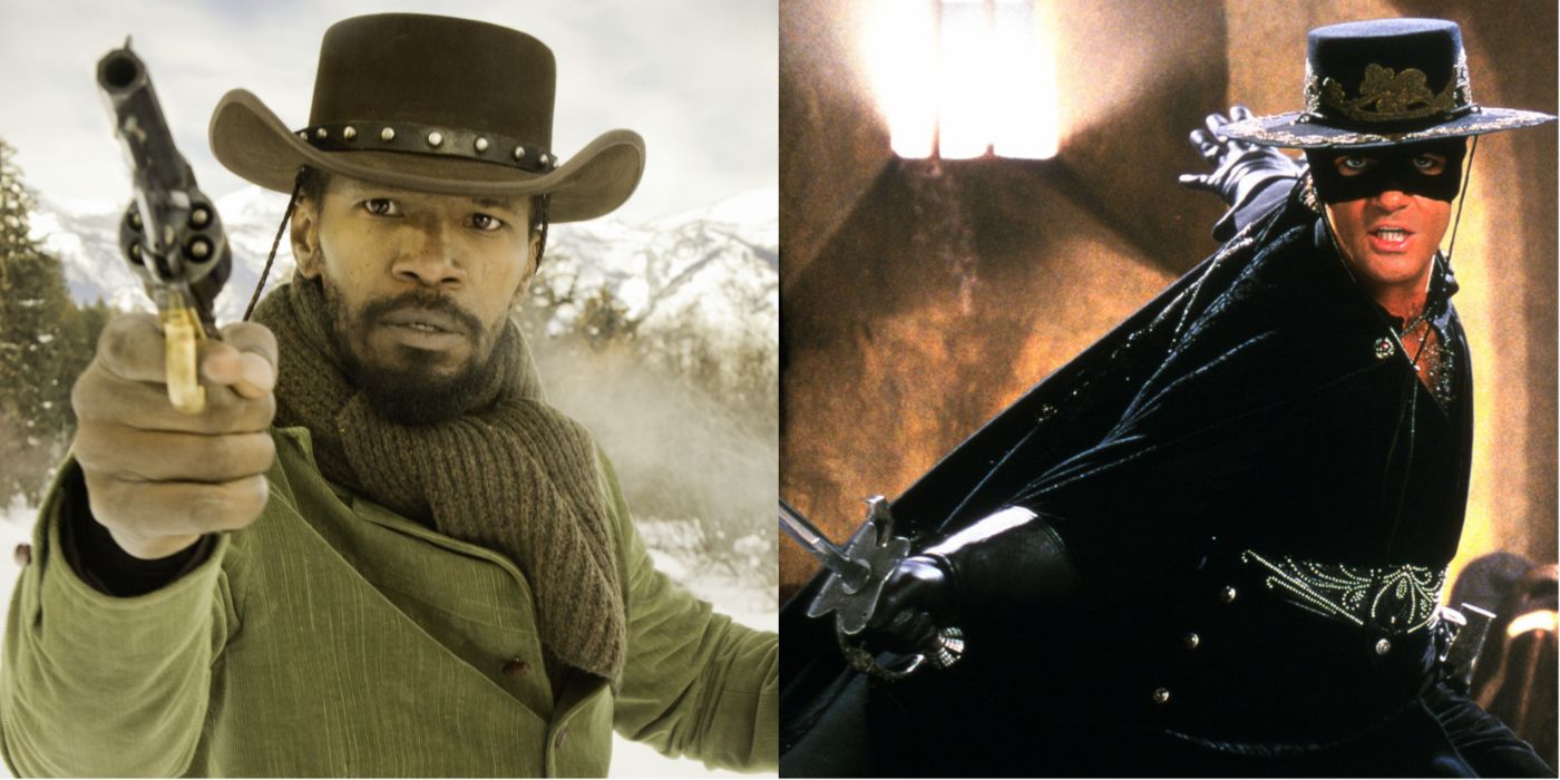 Split image of Django in Django Unchained and Zorro in The Mask of Zorro
