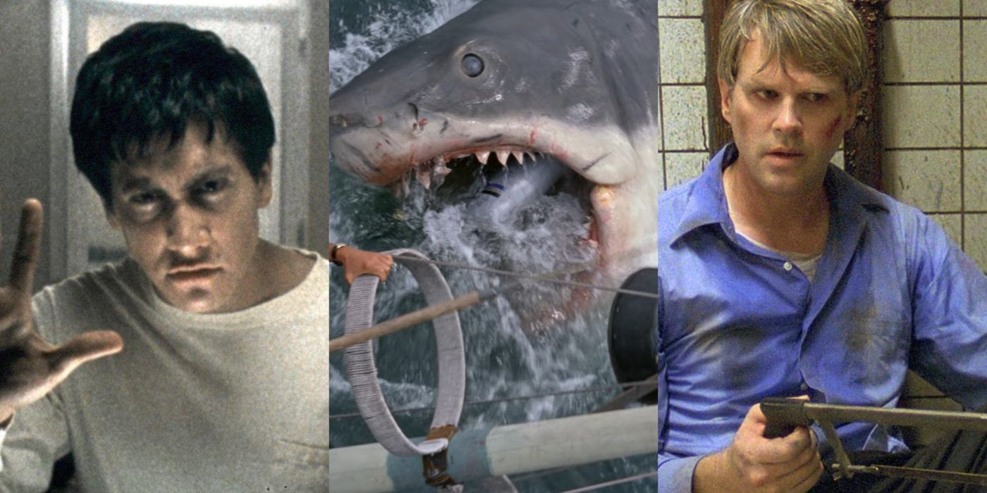 Split image of Donnie in Donnie Darko, Bruce in Jaws, and Dr. Gordon in Saw