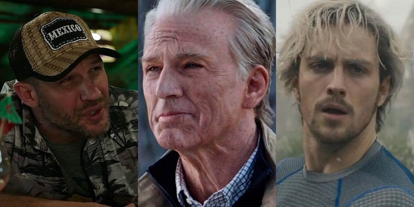 Split image of Eddie in Spider-Man No Way Home, Steve in Avengers Endgame, and Quicksilver in Avengers Age of Ultron