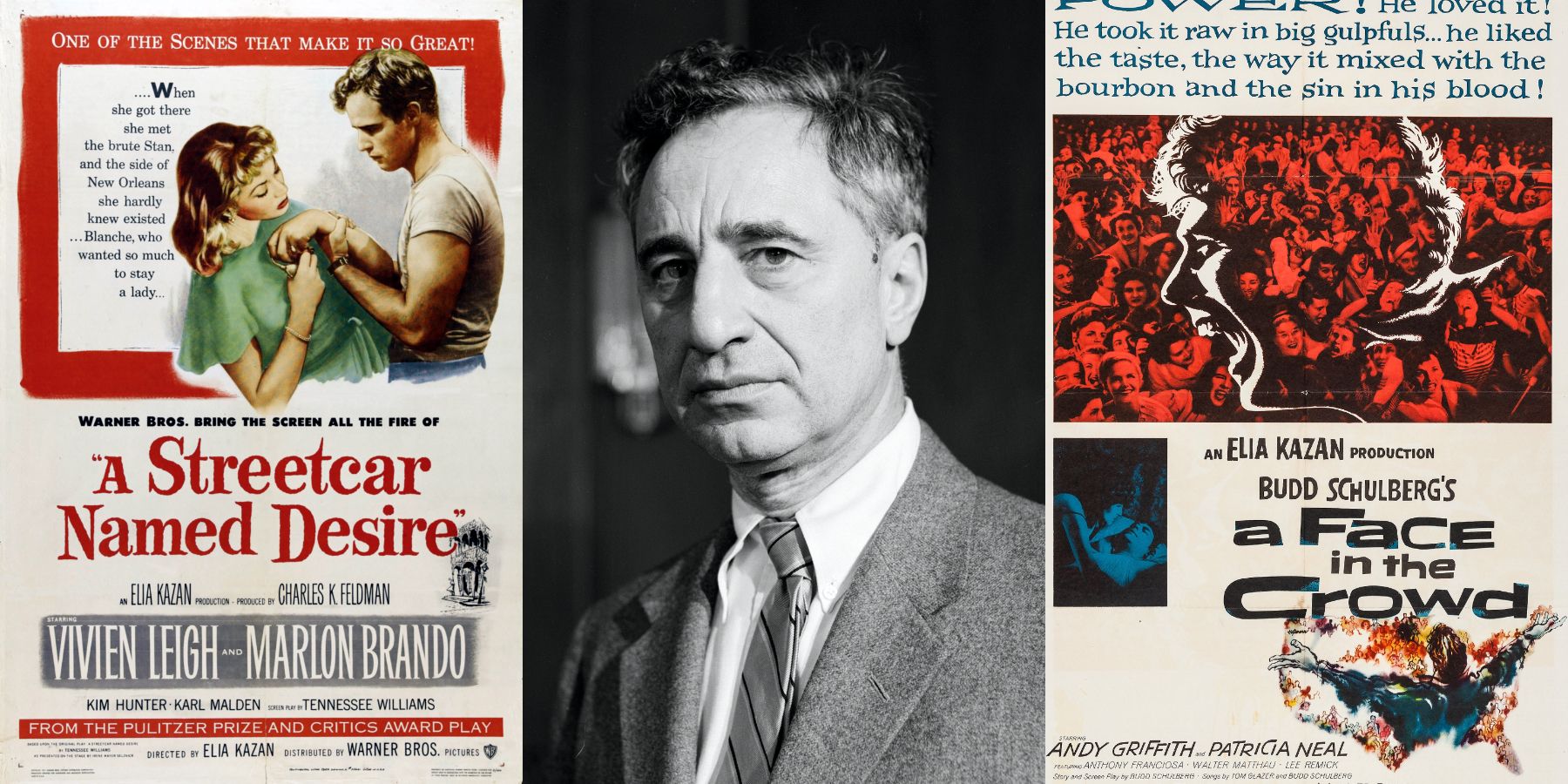 Split image of Elia Kazan and the posters for A Streetcar Named Desire and A Face in the Crowd