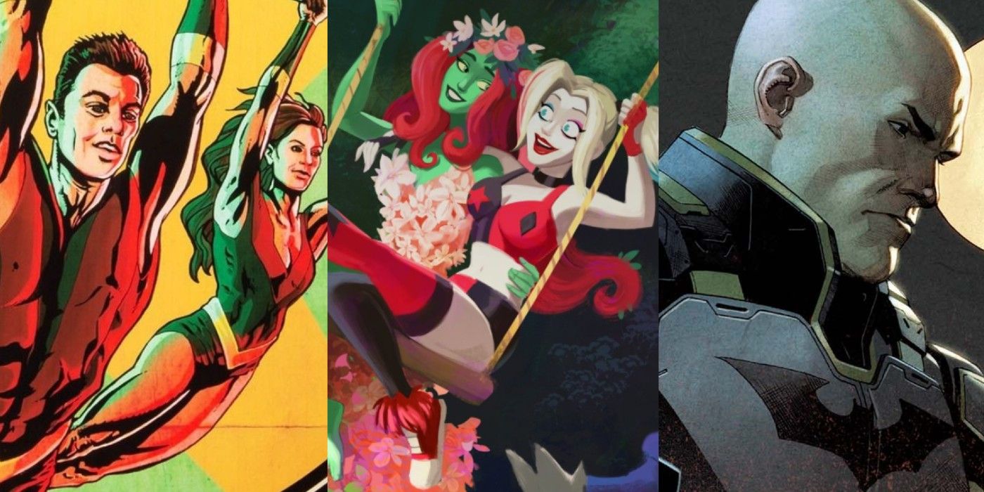 Split image of Flying Graysons, Harley and Ivy and Lex Luthor DC feature
