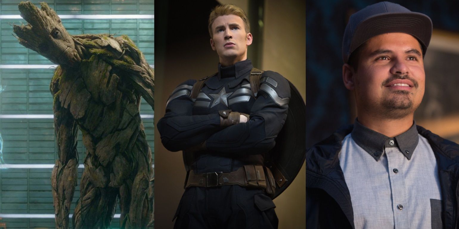 Split image of Groot in Guardians of the Galaxy, Cap in The Winter Soldier, and Luis in Ant-Man